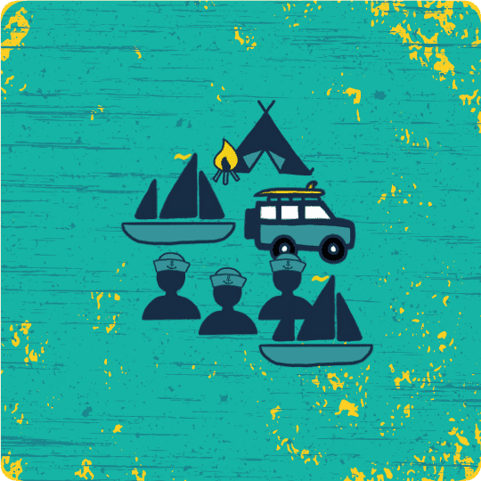 A team of offshore sailing crew on a boat with a tent, set against a green background.