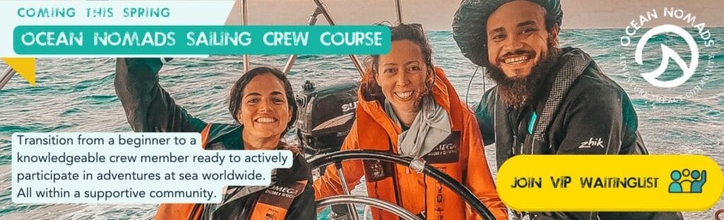 Three smiling people on a sailing boat with the ocean in the background, blissfully unaware of tales where orcas might attack your sailing boat. Join the adventure with "Ocean Nomads Sailing Crew Course" and secure your spot on our exclusive VIP waitlist today!.