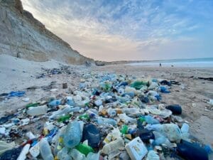 A beach littered with plastic bottles and debris stretches along the shoreline under a cloudy sky, highlighting the urgent need for zero waste initiatives.
