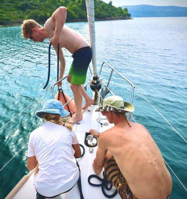 a group of people on a sailboat in the water.